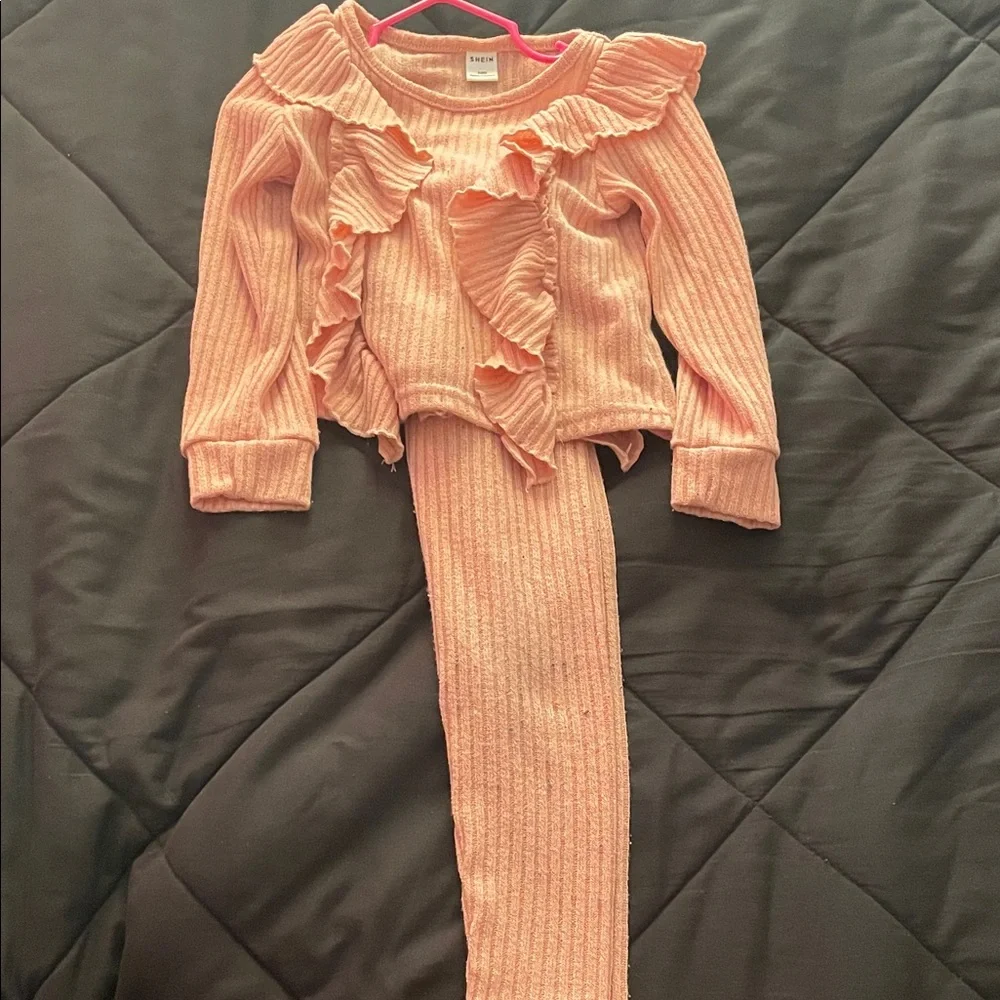 SHEIN Pink Ribbed Ruffle Kids Matching Set - Picture 1 of 5